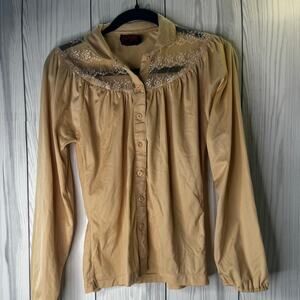 VTG 80s Shiny Tan Blouse Lace  Button Up Shirt Women’s Medium Coquette Fairy